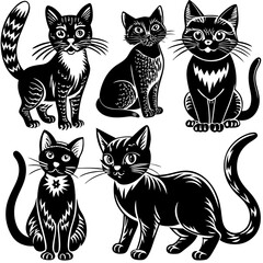 Cute Black Cats Sitting in Different Poses with Unique Patterns , Set of cats Silhouettes on a white background.