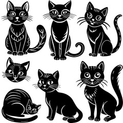 Cute Black Cats Sitting in Different Poses with Unique Patterns , Set of cats Silhouettes on a white background.