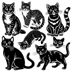 Cute Black Cats Sitting in Different Poses with Unique Patterns , Set of cats Silhouettes on a white background.