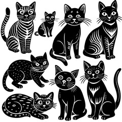 Cute Black Cats Sitting in Different Poses with Unique Patterns , Set of cats Silhouettes on a white background.
