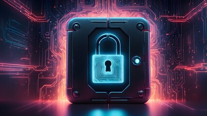 A glowing blue padlock is displayed on a futuristic metal panel, set against a background of red and blue neon circuit board patterns.