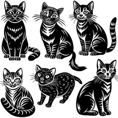 Cute Black Cats Sitting in Different Poses with Unique Patterns , Set of cats Silhouettes on a white background.