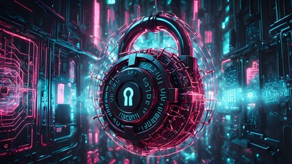 A futuristic combination lock with a glowing keyhole surrounded by a blue and pink digital background.