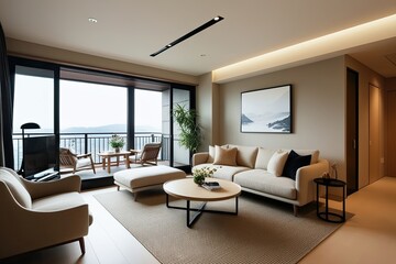 Fototapeta premium Cozy Japandi Living Room Design Featuring Beige Sofa and Minimalist Style