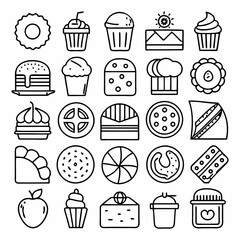 Collection of Food and Restaurant 25 Lineal Icons Pack. Bread, bakery products, pastry and confectionery icon set. Isolated line icons 