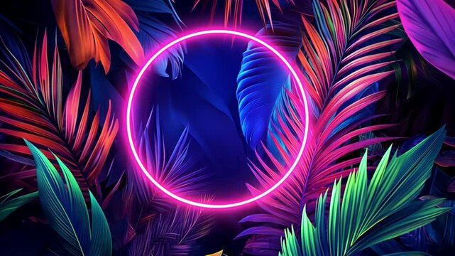 Neon Glowing Purple Circle With A Lot Of Green Plant Leaves Around In Dark Room Sci Fi Modern Minimalist Laser Violet Closeup Background. Jungle palm leaves glow 4k video