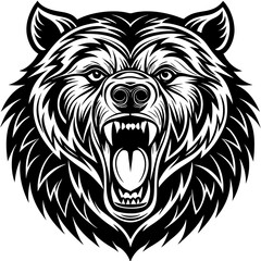 head of a ferocious grizzly bear , angry grizzly head roaring, Three roaring lion heads in fierce black and white illustration.