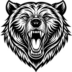 head of a ferocious grizzly bear , angry grizzly head roaring, Three roaring lion heads in fierce black and white illustration.