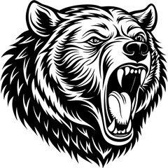 head of a ferocious grizzly bear , angry grizzly head roaring, Three roaring lion heads in fierce black and white illustration.