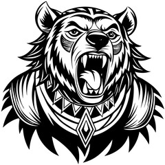 head of a ferocious grizzly bear , angry grizzly head roaring, Three roaring lion heads in fierce black and white illustration.