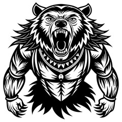 Obraz premium head of a ferocious grizzly bear , angry grizzly head roaring, Three roaring lion heads in fierce black and white illustration.