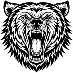 head of a ferocious grizzly bear , angry grizzly head roaring, Three roaring lion heads in fierce black and white illustration.