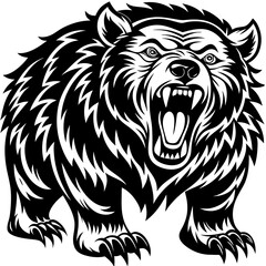 head of a ferocious grizzly bear , angry grizzly head roaring, Three roaring lion heads in fierce black and white illustration.
