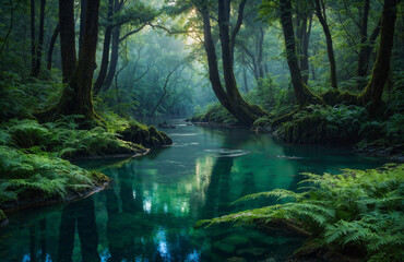 Obraz premium spring forest nature landscape, beautiful spring stream, river rocks in mountain forest