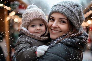 Generative AI image of joyful winter Christmas fair with snow falling festive lights, perfect for holiday and celebration themes