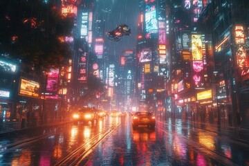 Fototapeta premium breathtaking cyberpunk cityscape at night with towering neonlit skyscrapers flying vehicles leaving light trails and holographic billboards reflecting in rainslicked streets