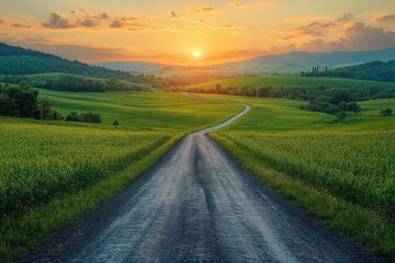 breathtaking panoramic view of lush green field with winding empty road disappearing into horizon golden sunset sky with dramatic clouds creates a sense of wanderlust and open possibilities