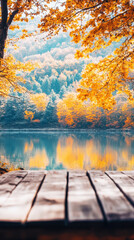Aesthetic autumn lake surrounded by vibrant fall trees, wooden table for product placement. Generative AI