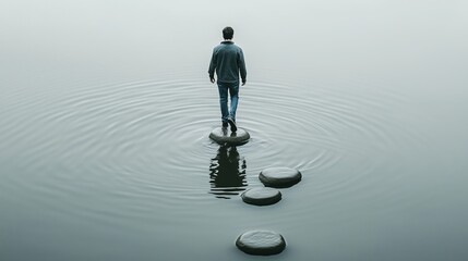 A man is walking on a series of stepping stones in a body of water