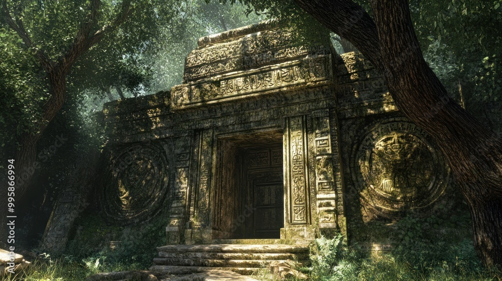 Wall mural Ancient Stone Temple Entrance Hidden in Lush Foliage