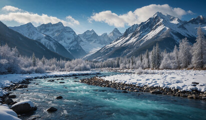 Winter mountain river in snow landscape