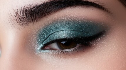 Fototapeta premium A creative mix of shimmering Skylight Blue and Cybergem eyeshadow swatches, blending into Escapist Green contours for a bold, modern finish.