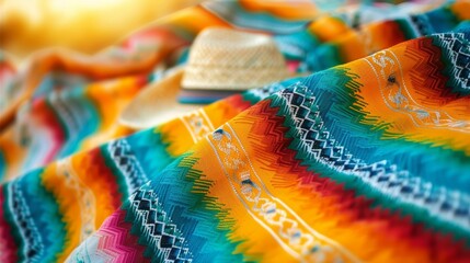 Vibrant Mexican Blanket, Close Up View, Detailed Pattern, Traditional Culture Concept.