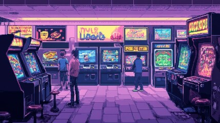 Two People Standing in Front of Arcade Machines in a Pixelated, Retro Style
