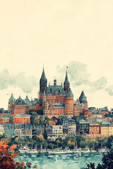 Obraz premium St Johns, color pen pencil hand-drawn effect drawing illustration for travel poster, card, wallpaper, backdrop or banner. Modern, clear, artistic and simple