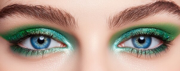 Fototapeta premium A gradient of Escapist Green to Skylight Blue eyeshadow swatches with bold Cybergem accents, blended for a high-fashion look.
