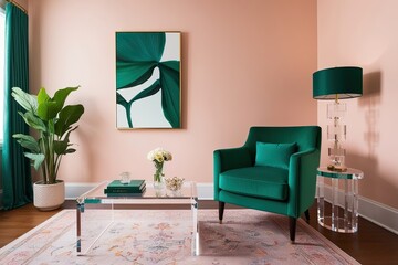 Emerald Green Armchair and Acrylic Coffee Table in Stylish Contemporary Living Area Decor Against Pale Peach Wall