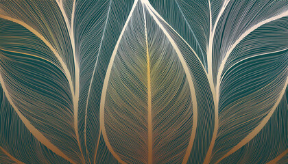 Botanical modern art deco wallpaper background vector with golden leaves. Line arts background...