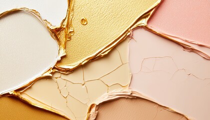 A modern flat-lay of cream highlighter swatches with a wet-look, glassy texture in soft pearl and golden hues.