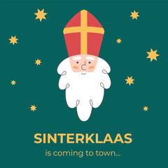 Sinterklaas face with stars on dark green background. Holiday square banner. Hand drawn Dutch folklore character. Vector illustration.
