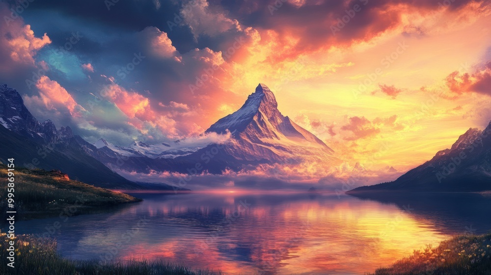 Canvas Prints Majestic Mountain Peak Reflected in a Serene Lake at Sunset