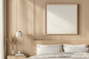 Photo frame mockup in wooden bedroom, 3d style illustration