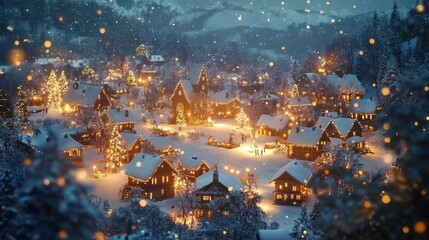 A charming winter village illuminated by festive lights, with snow gently falling.