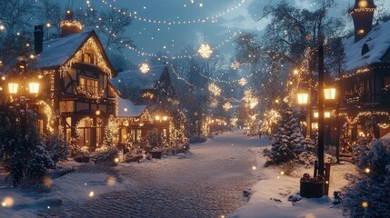 A charming winter village square decked out in lights, with a festive atmosphere in the air.