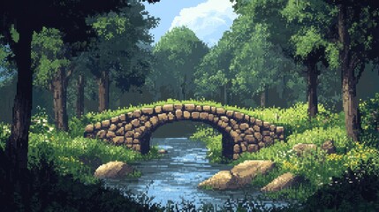 Fototapeta premium Stone Bridge Over a Stream in a Lush Green Forest
