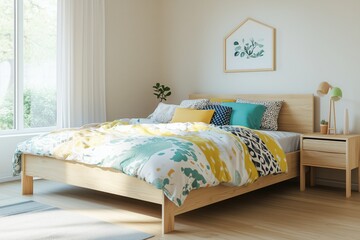 3d design, Scandinavian bedroom with colorful pattern, illustration