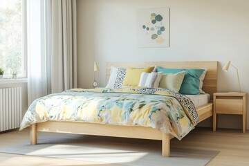 3d design, Scandinavian bedroom with colorful pattern, illustration