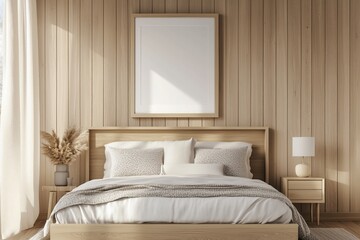 3d design, photo frame mockup in scandinavian bedroom, wooden bedroom, illustration