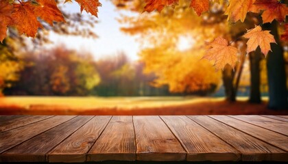 Seasonal marketing, wooden table, golden foliage