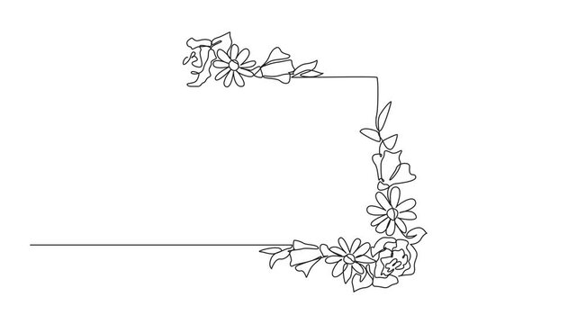 Self drawing animation of single continuous line drawing flower arrangements in the corners of frame. Decorate photo frames to make them look more beautiful. National Flower Day. Full length animated