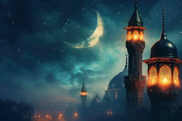 The mosque features a crescent moon and stars against the night sky. Perfect for Ramadan, Islamic holidays, or religious themed designs. Generative AI