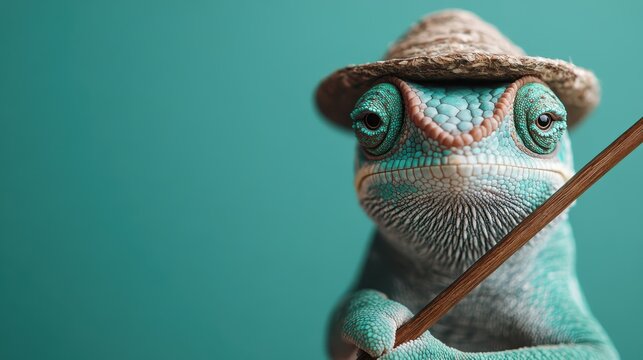 A close-up photograph of a chameleon wearing a straw hat and holding a stick, showcasing its intricate skin texture and vibrant colors against a teal background. - Powered by Adobe