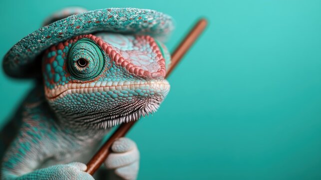 A close-up image of a chameleon wearing a blue hat and holding onto a stick, presenting its textured skin and vibrant colors against a teal background.