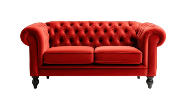 Elegant red sofa with tufted design, isolated on a white background. PNG