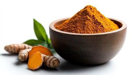 Bowl of turmeric powder with fresh rhizomes and green leaves, white isolated background