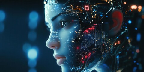 Futuristic robotic face, intricate circuits, digital enhancements, colorful glow.